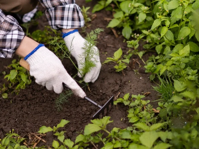 A person wearing gloves is planting a small plant into the soil, demonstrating gardening activity.